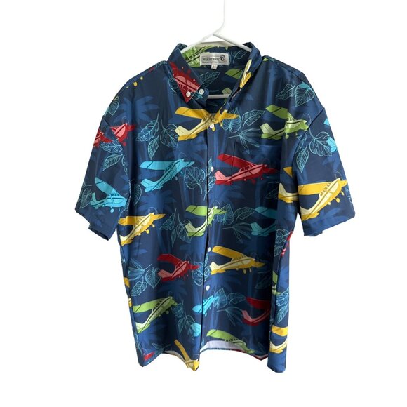 Wright Brothers Shirt Blue Yellow Button Up Short Sleeve Planes Palms Size Large - Picture 1 of 6